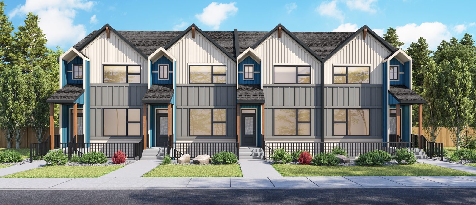 The Sage Hill duplexes — modern two-storey homes with covered front porches