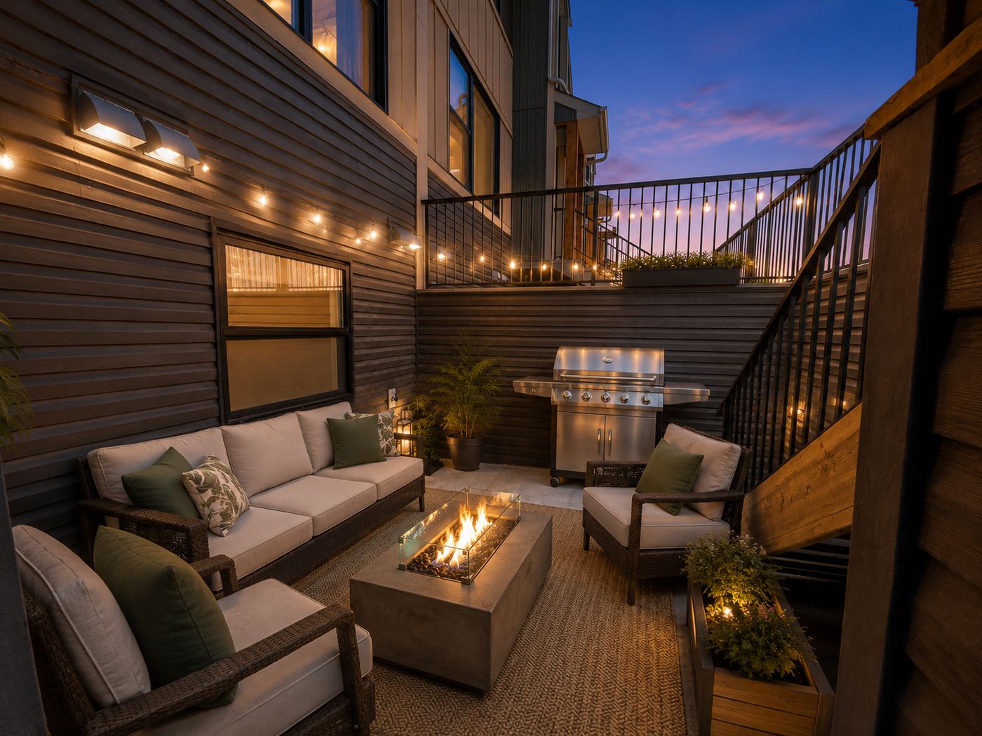 Private courtyard with string lights at dusk